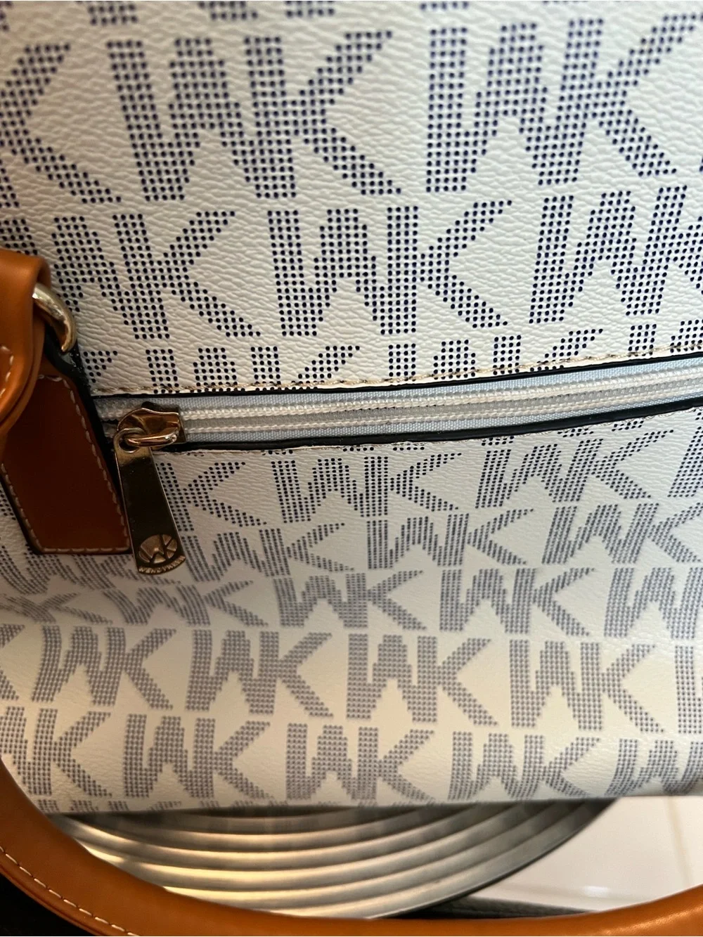 Wendy Keen Tan and White Logo Satchel